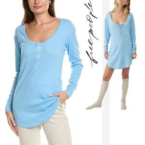 Free People Weekend Vibe Pajama Top Light Chambray Blue Baby Ribbed Curved Hem M